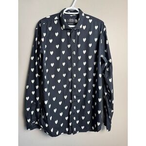 Le 31 Heart Print Long Sleeve Button Up Shirt Black Indie Softboy Romantic XL